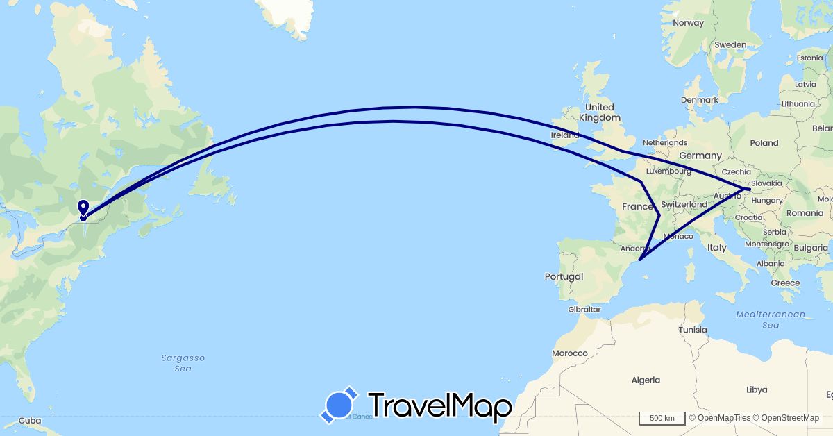 TravelMap itinerary: driving in Austria, Canada, Spain, France, United Kingdom, Slovakia (Europe, North America)